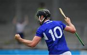 10 July 2021; Paddy Purcell of Laois celebrates after scoring his side's first goal during the GAA Hurling All-Ireland Senior Championship preliminary round match between Antrim and Laois at Parnell Park in Dublin. Photo by Seb Daly/Sportsfile