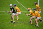 10 July 2021; Antrim goalkeeper Ryan Elliott lines up alongside his defenders to defend a free during the GAA Hurling All-Ireland Senior Championship preliminary round match between Antrim and Laois at Parnell Park in Dublin. Photo by Seb Daly/Sportsfile