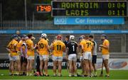 10 July 2021; Antrim players during the first half water break of the GAA Hurling All-Ireland Senior Championship preliminary round match between Antrim and Laois at Parnell Park in Dublin. Photo by Seb Daly/Sportsfile