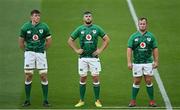 10 July 2021; Ryan Baird, left, Caelan Doris, centre, and Ed Byrne of Ireland before the International Rugby Friendly match between Ireland and USA at the Aviva Stadium in Dublin. Photo by Ramsey Cardy/Sportsfile