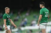 10 July 2021; Craig Casey, left, and Harry Byrne of Ireland during the International Rugby Friendly match between Ireland and USA at the Aviva Stadium in Dublin. Photo by Ramsey Cardy/Sportsfile