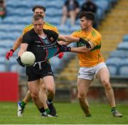 11 July 2021; Ryan O'Donoghue of Mayo in action against David Bruen of Leitrim during the Connacht GAA Senior Football Championship Semi-Final match between Leitrim and Mayo at Elverys MacHale Park in Castlebar, Mayo. Photo by Harry Murphy/Sportsfile