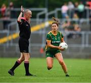 10 July 2021; Referee John Devlin and Emma Troy of Meath  during the TG4 All-Ireland Senior Ladies Football Championship Group 2 Round 1 match between Cork and Meath at St Brendan's Park in Birr, Offaly. Photo by Ray McManus/Sportsfile