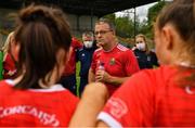 10 July 2021; Cork manager Ephie Fitzgerald listens to the Cork players after the TG4 All-Ireland Senior Ladies Football Championship Group 2 Round 1 match between Cork and Meath at St Brendan's Park in Birr, Offaly. Photo by Ray McManus/Sportsfile