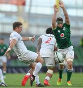 10 July 2021; Caelan Doris of Ireland charges down a clearance by Ruben de Haas of USA during the International Rugby Friendly match between Ireland and USA at the Aviva Stadium in Dublin. Photo by Ramsey Cardy/Sportsfile
