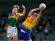 11 July 2021; Caelim Keogh of Roscommon wins possession ahead of William Shine of Kerry during the 2020 Electric Ireland GAA Football All-Ireland Minor Championship Semi-Final match between Roscommon and Kerry at LIT Gaelic Grounds in Limerick. Photo by Piaras Ó Mídheach/Sportsfile