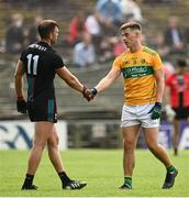 11 July 2021; Aidan O'Shea of Mayo and Shane Moran of Leitrim shake hands after the Connacht GAA Senior Football Championship Semi-Final match between Leitrim and Mayo at Elverys MacHale Park in Castlebar, Mayo. Photo by Harry Murphy/Sportsfile