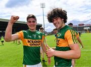 11 July 2021; Kerry players Killian O'Sullivan, left, and Paudie O'Leary celebrate after their side's victory in the 2020 Electric Ireland GAA Football All-Ireland Minor Championship Semi-Final match between Roscommon and Kerry at LIT Gaelic Grounds in Limerick. Photo by Piaras Ó Mídheach/Sportsfile