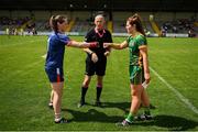 10 July 2021; Referee John Devlin with Cork goalkeeper and captain Martina O'Brien and the Meath captain Shauna Ennis before the TG4 All-Ireland Senior Ladies Football Championship Group 2 Round 1 match between Cork and Meath at St Brendan's Park in Birr, Offaly. Photo by Ray McManus/Sportsfile