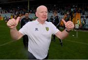 11 July 2021; Donegal manager Declan Bonner celebrates following the Ulster GAA Football Senior Championship Quarter-Final match between Derry and Donegal at Páirc MacCumhaill in Ballybofey, Donegal. Photo by Stephen McCarthy/Sportsfile