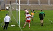 11 July 2021; Benny Heron of Derry has an attempt on goal, in the second half, which was adjudged not to have crossed the line, during the Ulster GAA Football Senior Championship Quarter-Final match between Derry and Donegal at Páirc MacCumhaill in Ballybofey, Donegal. Photo by Stephen McCarthy/Sportsfile