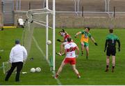 11 July 2021; Benny Heron of Derry has an attempt on goal, in the second half, which was adjudged not to have crossed the line, during the Ulster GAA Football Senior Championship Quarter-Final match between Derry and Donegal at Páirc MacCumhaill in Ballybofey, Donegal. Photo by Stephen McCarthy/Sportsfile