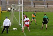 11 July 2021; Benny Heron of Derry has an attempt on goal, in the second half, which was adjudged not to have crossed the line, during the Ulster GAA Football Senior Championship Quarter-Final match between Derry and Donegal at Páirc MacCumhaill in Ballybofey, Donegal. Photo by Stephen McCarthy/Sportsfile