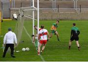 11 July 2021; Benny Heron of Derry has an attempt on goal, in the second half, which was adjudged not to have crossed the line, during the Ulster GAA Football Senior Championship Quarter-Final match between Derry and Donegal at Páirc MacCumhaill in Ballybofey, Donegal. Photo by Stephen McCarthy/Sportsfile