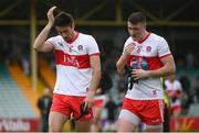 11 July 2021; Dejcted Chrissy McKaigue, left, and Gareth McKinless of Derry following the Ulster GAA Football Senior Championship Quarter-Final match between Derry and Donegal at Páirc MacCumhaill in Ballybofey, Donegal. Photo by Stephen McCarthy/Sportsfile