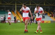 11 July 2021; Dejcted Chrissy McKaigue, left, and Gareth McKinless of Derry following the Ulster GAA Football Senior Championship Quarter-Final match between Derry and Donegal at Páirc MacCumhaill in Ballybofey, Donegal. Photo by Stephen McCarthy/Sportsfile