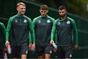 12 July 2021; Shamrock Rovers players, from left, Liam Scales, Lee Grace and Danny Mandroiu arrive before a training session at Roadstone Group Sports Club in Dublin. Photo by Seb Daly/Sportsfile