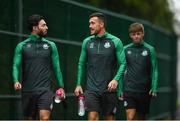 12 July 2021; Richie Towell, left, and Aaron Greene arrive before a Shamrock Rovers training session at Roadstone Group Sports Club in Dublin. Photo by Seb Daly/Sportsfile