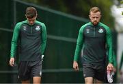 12 July 2021; Sean Gannon, left, and Sean Hoare arrive before a Shamrock Rovers training session at Roadstone Group Sports Club in Dublin. Photo by Seb Daly/Sportsfile