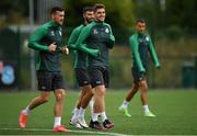 12 July 2021; Shamrock Rovers players, from left, Aaron Greene, Danny Mandroiu and Dylan Watts during a Shamrock Rovers training session at Roadstone Group Sports Club in Dublin. Photo by Seb Daly/Sportsfile