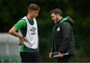 12 July 2021; Shamrock Rovers manager Stephen Bradley, right, and Ronan Finn during a Shamrock Rovers training session at Roadstone Group Sports Club in Dublin. Photo by Seb Daly/Sportsfile