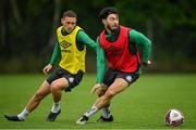 12 July 2021; Richie Towell, right, and Max Murphy during a Shamrock Rovers training session at Roadstone Group Sports Club in Dublin. Photo by Seb Daly/Sportsfile
