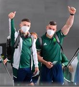 12 July 2021; Team Ireland gymnast Rhys McClenaghan, left, and national gymnastics coach Luke Carson at Dublin Airport on their departure for the Tokyo 2020 Olympic Games. Photo by Ramsey Cardy/Sportsfile