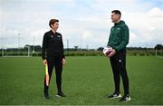 12 July 2021; Republic of Ireland international FIFA referee Michelle O’Neill with referee Rob Hennessy at the FAI Headquarters in Abbotstown, Dublin, ahead of their international departures. Michelle is heading to Japan for the Tokyo 2020 Olympics. Photo by Seb Daly/Sportsfile
