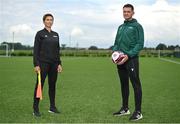 12 July 2021; Republic of Ireland international FIFA referee Michelle O’Neill with referee Rob Hennessy at the FAI Headquarters in Abbotstown, Dublin, ahead of her departure for the Tokyo 2020 Olympics in Japan. Photo by Seb Daly/Sportsfile