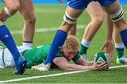 13 July 2021; Jamie Osborne of Ireland scores a try for his side during the U20 Six Nations Rugby Championship match between Ireland and France at Cardiff Arms Park in Cardiff, Wales. Photo by Mark Lewis/Sportsfile