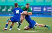 13 July 2021; Cathal Forde of Ireland is tackled by Thibault Debaes and Matthias Haddad Victor of France during the U20 Six Nations Rugby Championship match between Ireland and France at Cardiff Arms Park in Cardiff, Wales. Photo by Mark Lewis/Sportsfile