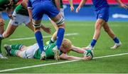 13 July 2021; Jamie Osborne of Ireland scores a try for his side during the U20 Six Nations Rugby Championship match between Ireland and France at Cardiff Arms Park in Cardiff, Wales. Photo by Mark Lewis/Sportsfile