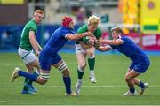 13 July 2021; Jamie Osborne of Ireland is tackled by Pierre Bochaton and Emilien Gailleton of France during the U20 Six Nations Rugby Championship match between Ireland and France at Cardiff Arms Park in Cardiff, Wales. Photo by Mark Lewis/Sportsfile