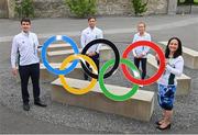 13 July 2021; Minister of State for Sport, the Gaeltacht & Defence, Jack Chambers TD, left, Team Ireland athletes Billy Dardis and Michelle Finn, and Minister for Media, Tourism, Arts, Culture, Sport and the Gaeltacht, Catherine Martin TD, extreme right, at the Sport Ireland Campus in Dublin. Photo by Ramsey Cardy/Sportsfile