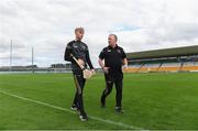 13 July 2021; Jack Screeney of Offaly and manager Gary Cahill before the Leinster U20 Hurling Championship Quarter-Final match between Offaly and Kildare at O'Connor Park in Tullamore, Offaly. Photo by Matt Browne/Sportsfile