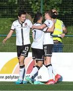 13 July 2021; Michael Duffy, centre, of Dundalk celebrates with team-mates Raivis Jurkovskis, left, and Daniel Kelly after scoring his side's first goal during the UEFA Europa Conference League first qualifying round second leg match between Newtown and Dundalk at Park Hall in Oswestry, England. Photo by Gareth Everett/Sportsfile