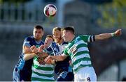 13 July 2021; Ronan Finn, right, and Rory Gaffney of Shamrock Rovers in action against Vasil Bozhikov, left, and Joeri de Kamps of Slovan Bratislava during the UEFA Champions League first qualifying round second leg match between Shamrock Rovers and Slovan Bratislava at Tallaght Stadium in Dublin. Photo by Stephen McCarthy/Sportsfile