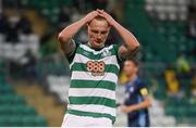 13 July 2021; Liam Scales of Shamrock Rovers reacts to a missed opportunity on goal during the UEFA Champions League first qualifying round second leg match between Shamrock Rovers and Slovan Bratislava at Tallaght Stadium in Dublin. Photo by Stephen McCarthy/Sportsfile