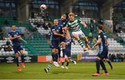 13 July 2021; Liam Scales of Shamrock Rovers has a header on goal during the UEFA Champions League first qualifying round second leg match between Shamrock Rovers and Slovan Bratislava at Tallaght Stadium in Dublin. Photo by Stephen McCarthy/Sportsfile