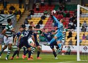13 July 2021; Slovan Bratislava goalkeeper Adrián Chovan saves a header on goal by Roberto Lopes of Shamrock Rovers during the UEFA Champions League first qualifying round second leg match between Shamrock Rovers and Slovan Bratislava at Tallaght Stadium in Dublin. Photo by Eóin Noonan/Sportsfile