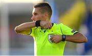 13 July 2021; Referee Mario Zebec takes a yellow card from his pocket during the UEFA Champions League first qualifying round second leg match between Shamrock Rovers and Slovan Bratislava at Tallaght Stadium in Dublin. Photo by Stephen McCarthy/Sportsfile