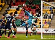 13 July 2021; Slovan Bratislava goalkeeper Adrián Chovan saves a header on goal from Roberto Lopes of Shamrock Rovers during the UEFA Champions League first qualifying round second leg match between Shamrock Rovers and Slovan Bratislava at Tallaght Stadium in Dublin. Photo by Eóin Noonan/Sportsfile