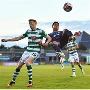 13 July 2021; Vernon De Marco of Slovan Bratislava in action against Rory Gaffney of Shamrock Rovers during the UEFA Champions League first qualifying round second leg match between Shamrock Rovers and Slovan Bratislava at Tallaght Stadium in Dublin. Photo by Eóin Noonan/Sportsfile