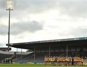 14 July 2021; Clare players stand for the playing of Amhrán na bhFiann before the 2021 Electric Ireland Munster GAA Hurling Minor Championship Quarter-Final match between Clare and Cork at Semple Stadium in Thurles, Tipperary. Photo by Eóin Noonan/Sportsfile