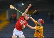 14 July 2021; Ross O’Sullivan of Cork in action against John Cahill of Clare during the 2021 Electric Ireland Munster GAA Hurling Minor Championship Quarter-Final match between Clare and Cork at Semple Stadium in Thurles, Tipperary. Photo by Eóin Noonan/Sportsfile
