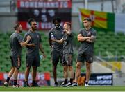 15 July 2021; Bohemians players, from left, Keith Ward, Bastien Héry, Promise Omochere, Liam Burt and Rob Cornwall before the UEFA Europa Conference League first qualifying round second leg match between Bohemians and Stjarnan at the Aviva Stadium in Dublin. Photo by Seb Daly/Sportsfile