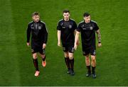 15 July 2021; Bohemians players, from left, Conor Levingston, James Finnerty and Rob Cornwall before the UEFA Europa Conference League First Qualifying Second Leg match between Bohemians and Stjarnan at the Aviva Stadium in Dublin. Photo by Ben McShane/Sportsfile