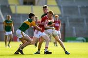 15 July 2021; Jack Cahalane of Cork in action against Eoghan O'Sullivan and Darragh Lyne of Kerry during the EirGrid Munster GAA Football U20 Championship Semi-Final match between Kerry and Cork at Páirc Uí Chaoimh in Cork. Photo by Matt Browne/Sportsfile