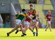15 July 2021; Jack Cahalane of Cork in action against Eoghan O'Sullivan and Darragh Lyne of Kerry during the EirGrid Munster GAA Football U20 Championship Semi-Final match between Kerry and Cork at Páirc Uí Chaoimh in Cork. Photo by Matt Browne/Sportsfile