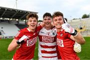 15 July 2021; Cork players from left Darragh Cashman, Gavin Creedon and Neill Lordan celebrate after the EirGrid Munster GAA Football U20 Championship Semi-Final match between Kerry and Cork at Páirc Uí Chaoimh in Cork. Photo by Matt Browne/Sportsfile